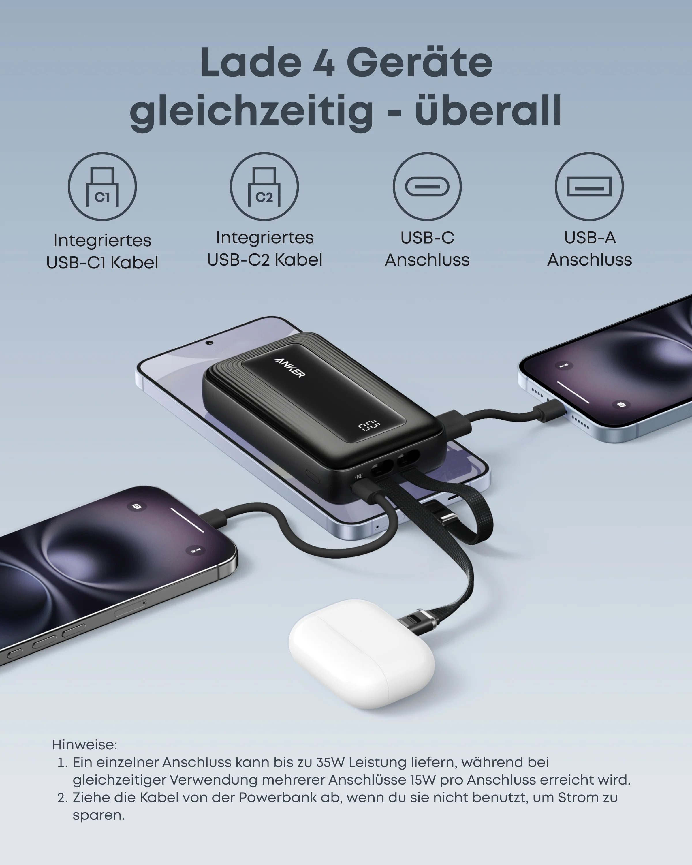 Anker Zolo Powerbank (10000mAh, Integriertes 2x USB-C Kabel) - Image 6