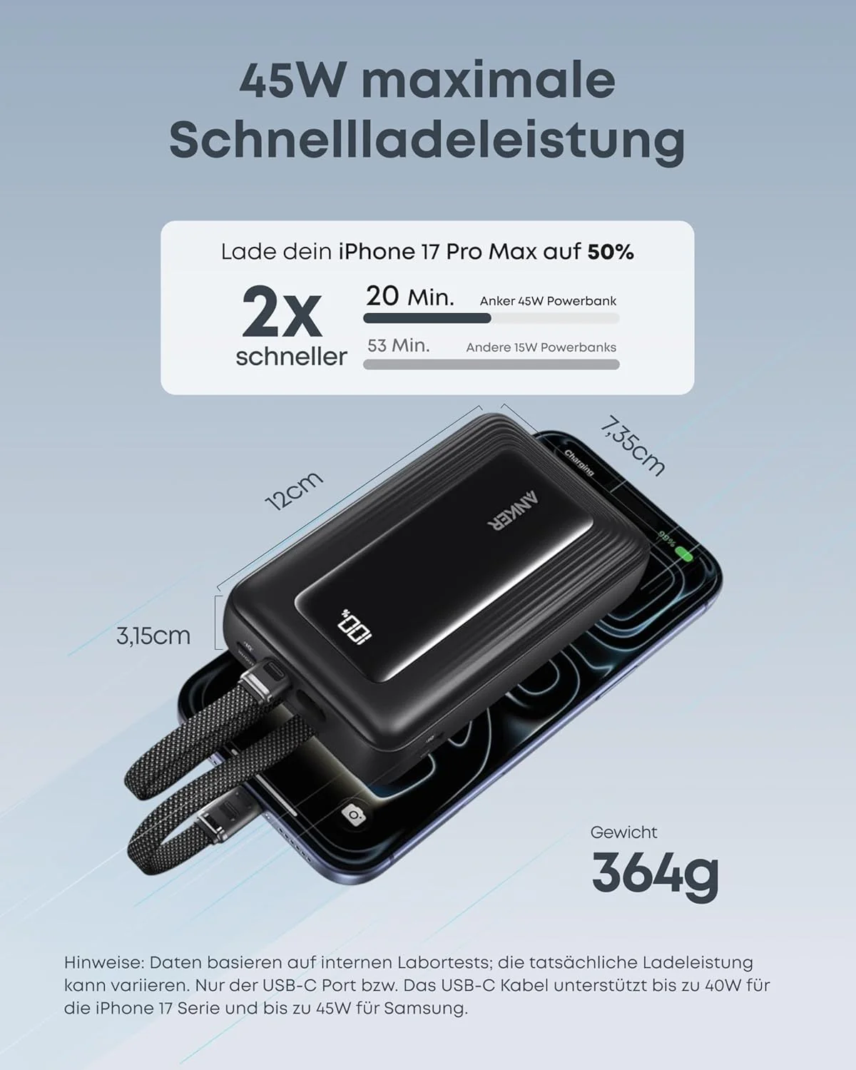 Anker Zolo Powerbank (20K, 45W, zwei integrierte USB-C Kabel) - Image 3