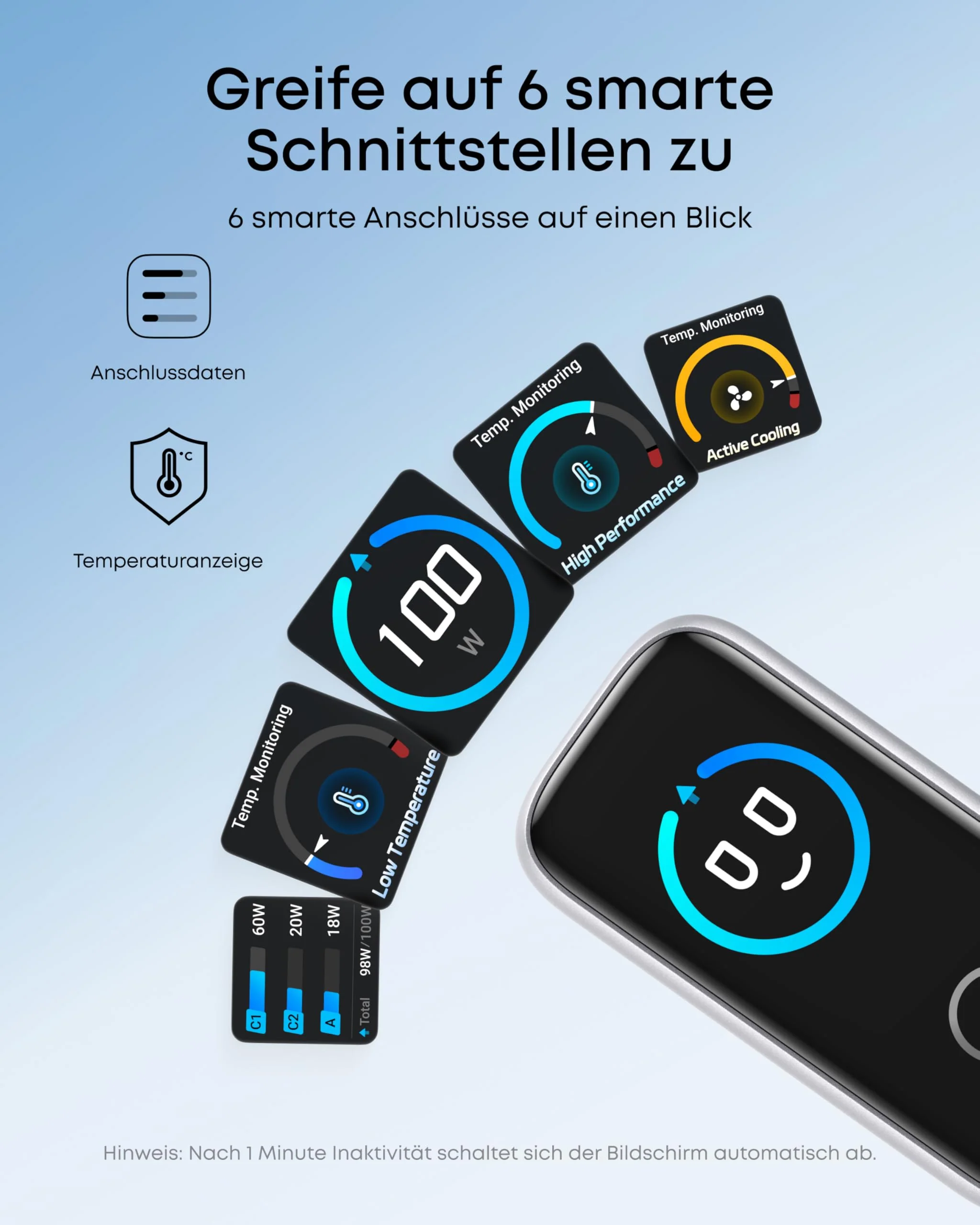 Anker Ladegerät (100W, 3 Ports, Smart Display) mit USB-C Kabel - Image 9
