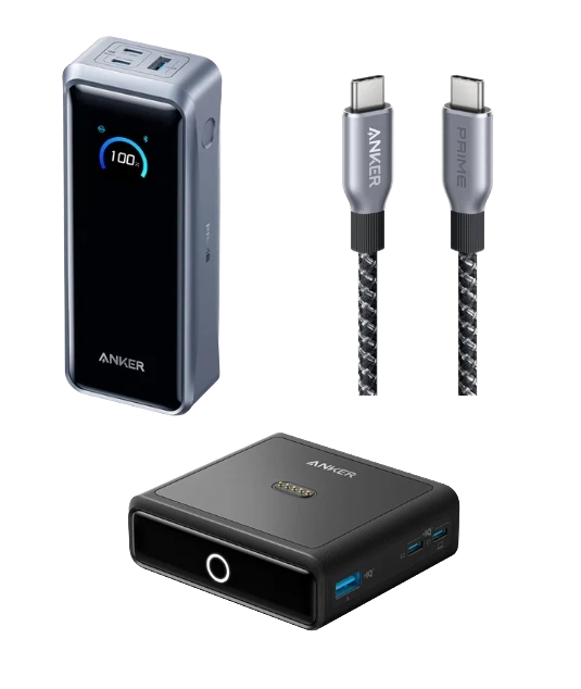 Anker Prime Powerbank (26K, 300W)+Anker Prime USB-C auf USB-C Kabel (240W, Upcycled-Flechtdesign)+Anker 100W Ladestation für Anker Prime Powerbank