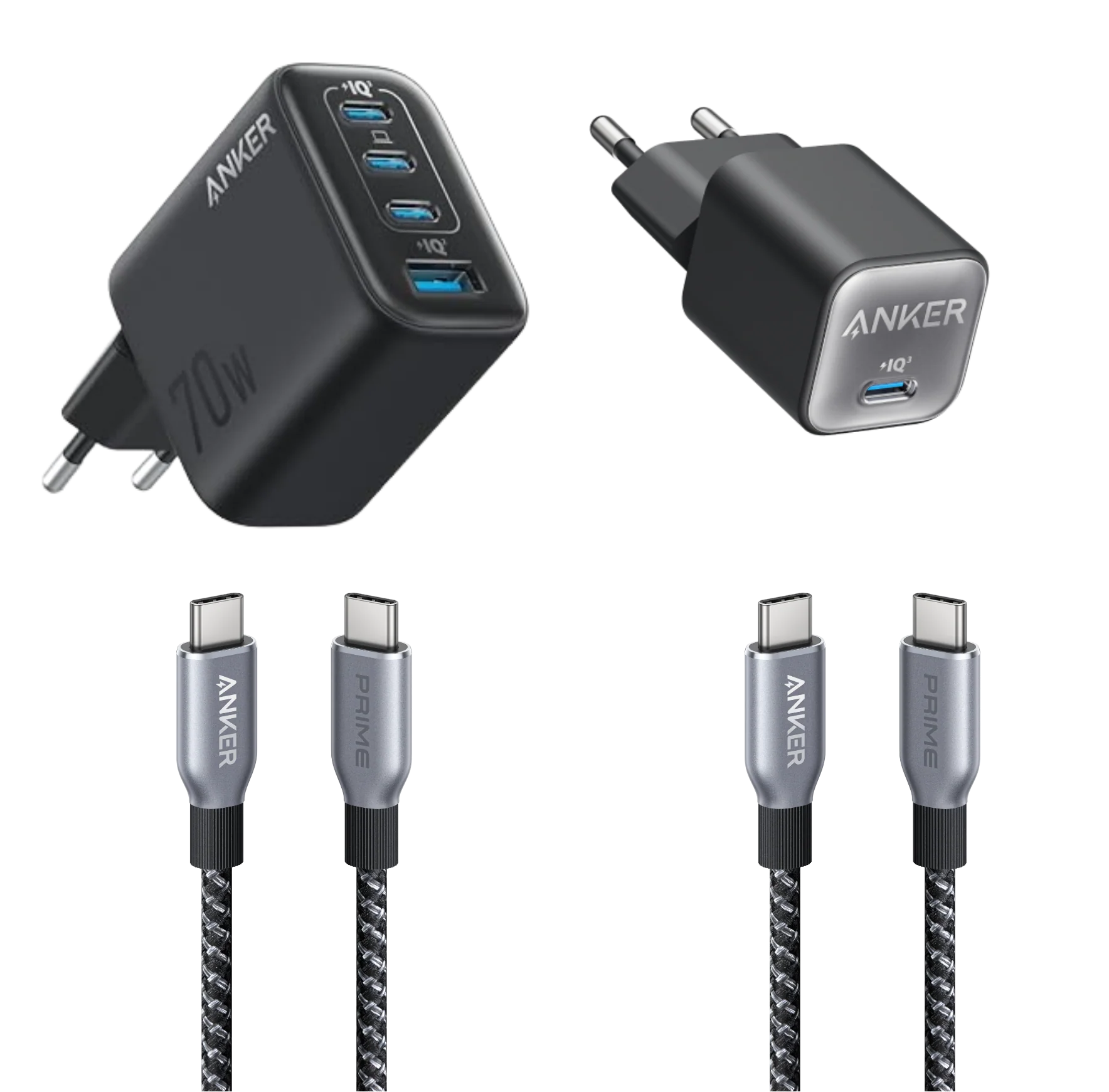 Anker Zolo Ladegerät (70W, 4 Ports) + Anker 511 Ladegerät (Nano 3, 30W) + Anker Prime USB-C auf USB-C Kabel Doppelpack (0,9m, 240W, Upcycled-Flechtdesign)
