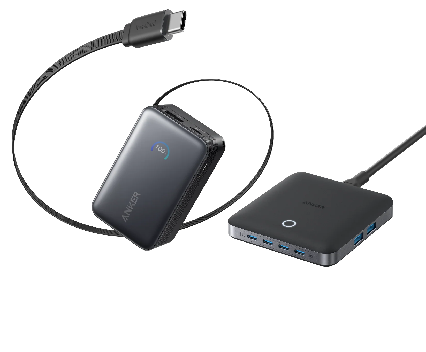 Anker Nano Powerbank (10K, 45W, Integriertes einziehbares USB-C Kabel) + Anker Nano Ladegerät (130W, 6 Ports)