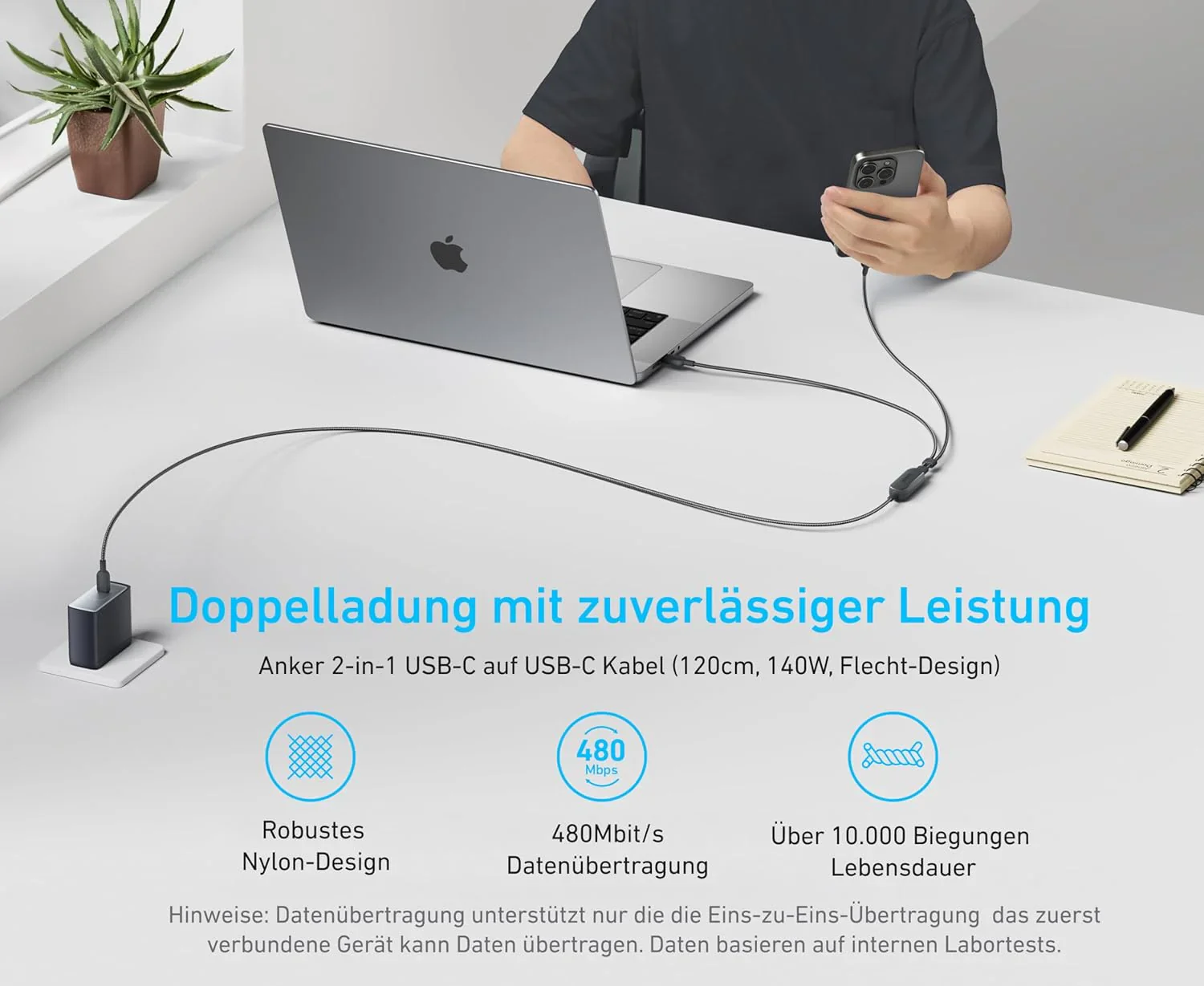 Anker Prime Ladegerät (160W, 3 Ports, GaNPrime) + Anker 2-in-1 USB-C auf USB-C Kabel (120cm, 140W, Flecht-Design) - Image 13
