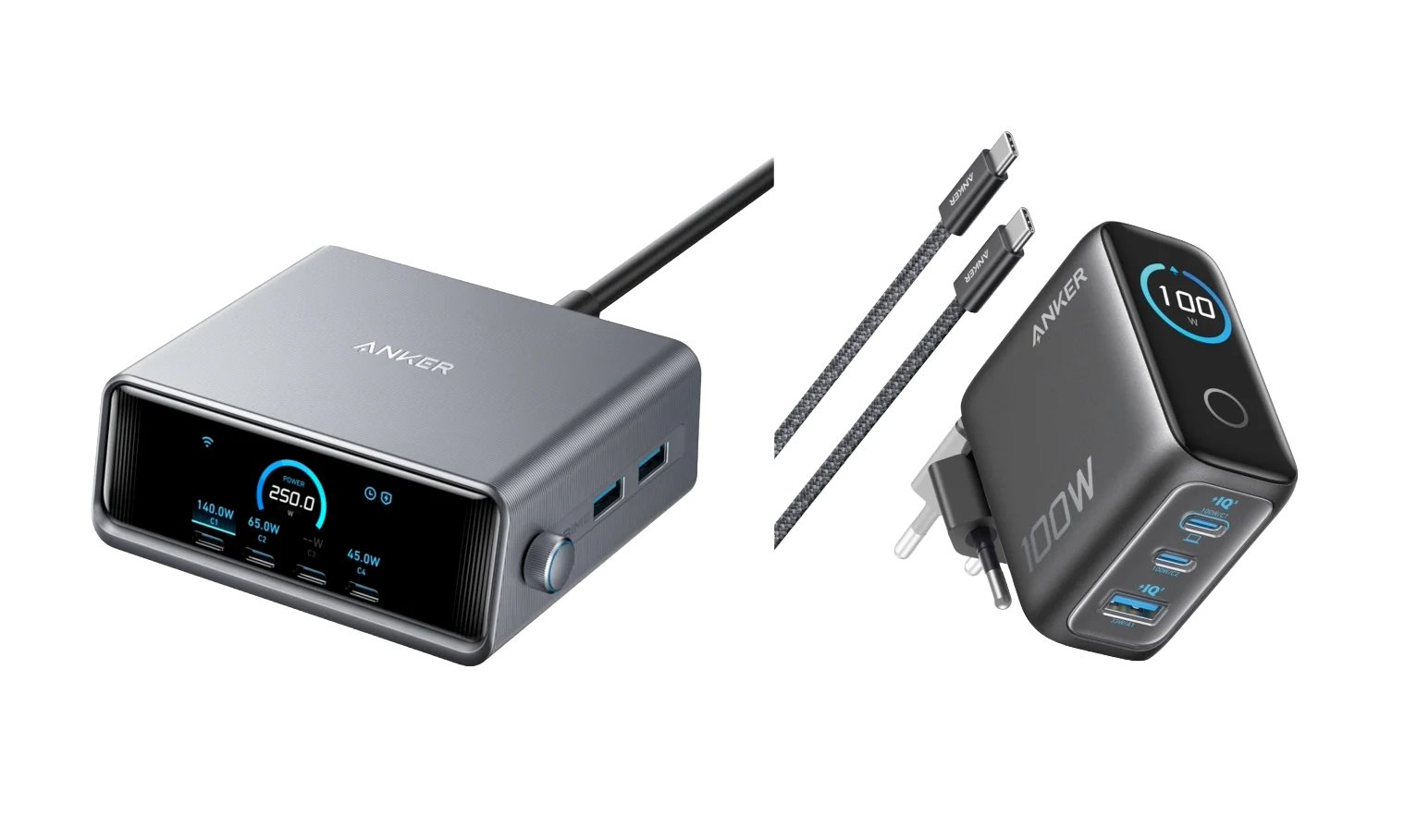 Anker Prime Ladegerät (250W, 6 Ports, GaNPrime) + Anker Ladegerät (100W, 3 Ports, Smart Display) mit USB-C Kabel