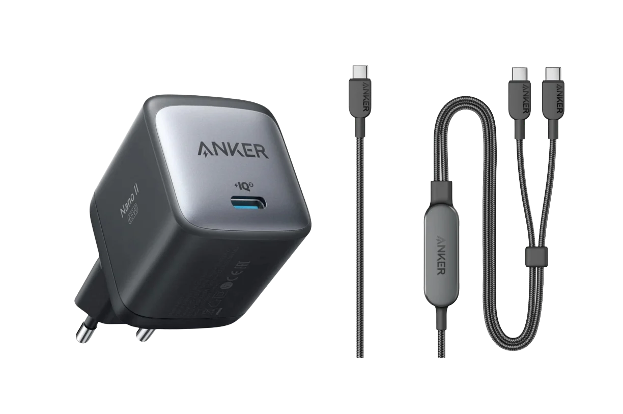 Anker <b>715</b> Ladegerät (Nano II 65W) + Anker 2-in-1 USB-C auf USB-C Kabel (120cm, 140W, Flecht-Design)