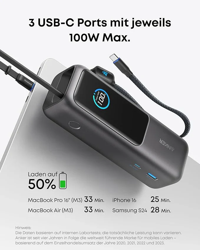Anker Prime Ladegerät (160W, 3 Ports, GaNPrime）+ Anker Powerbank (25K, 165W, Integriertes + einziehbares Kabel) - Image 9