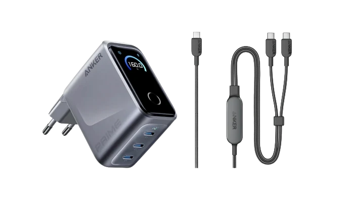 Anker Prime Ladegerät (160W, 3 Ports, GaNPrime) + Anker 2-in-1 USB-C auf USB-C Kabel (120cm, 140W, Flecht-Design)