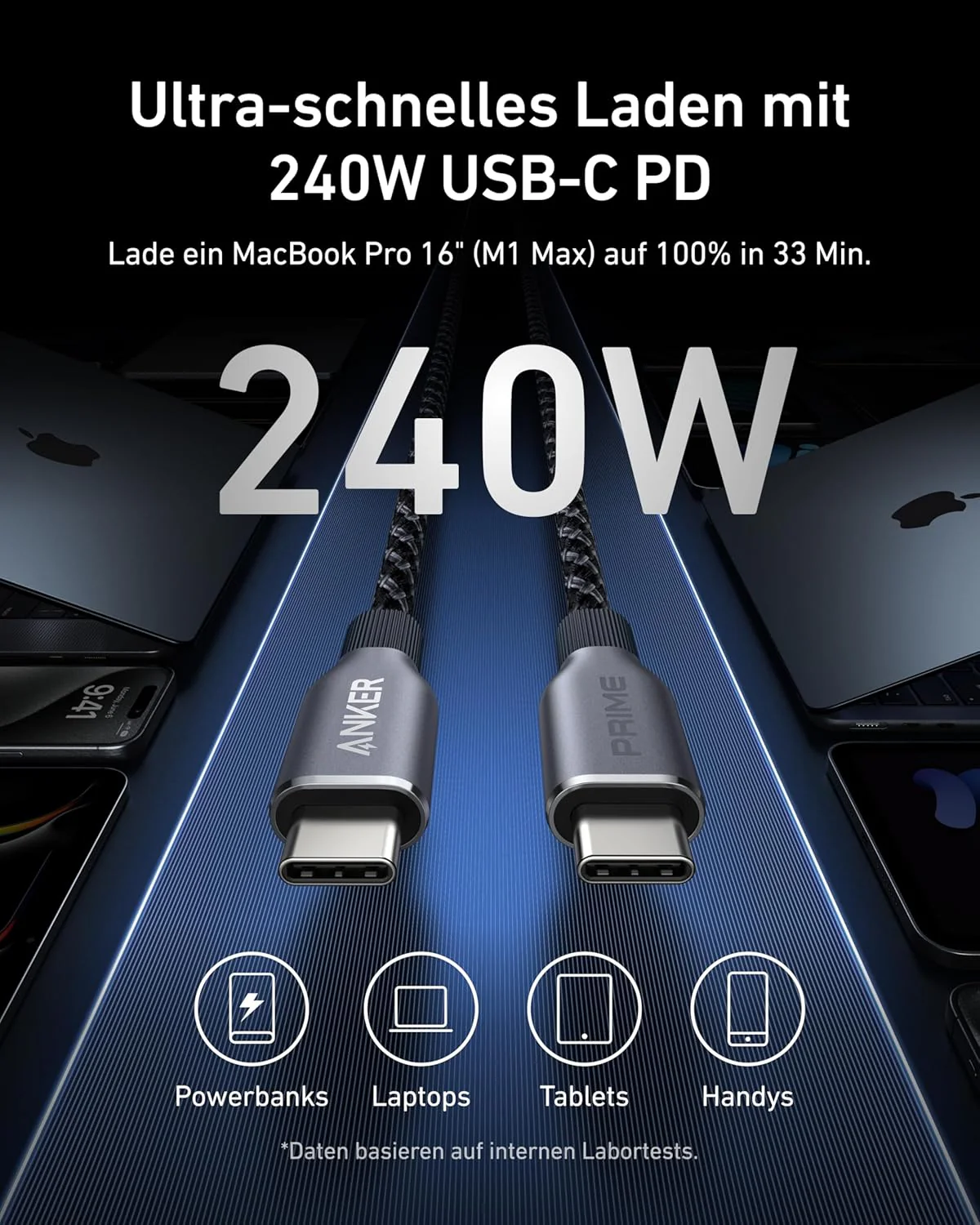 Anker Prime Ladegerät (160W, 3 Ports, GaNPrime) + Anker Prime USB-C auf USB-C Kabel (0,9m, 240W, Upcycled-Flechtdesign) - Image 9