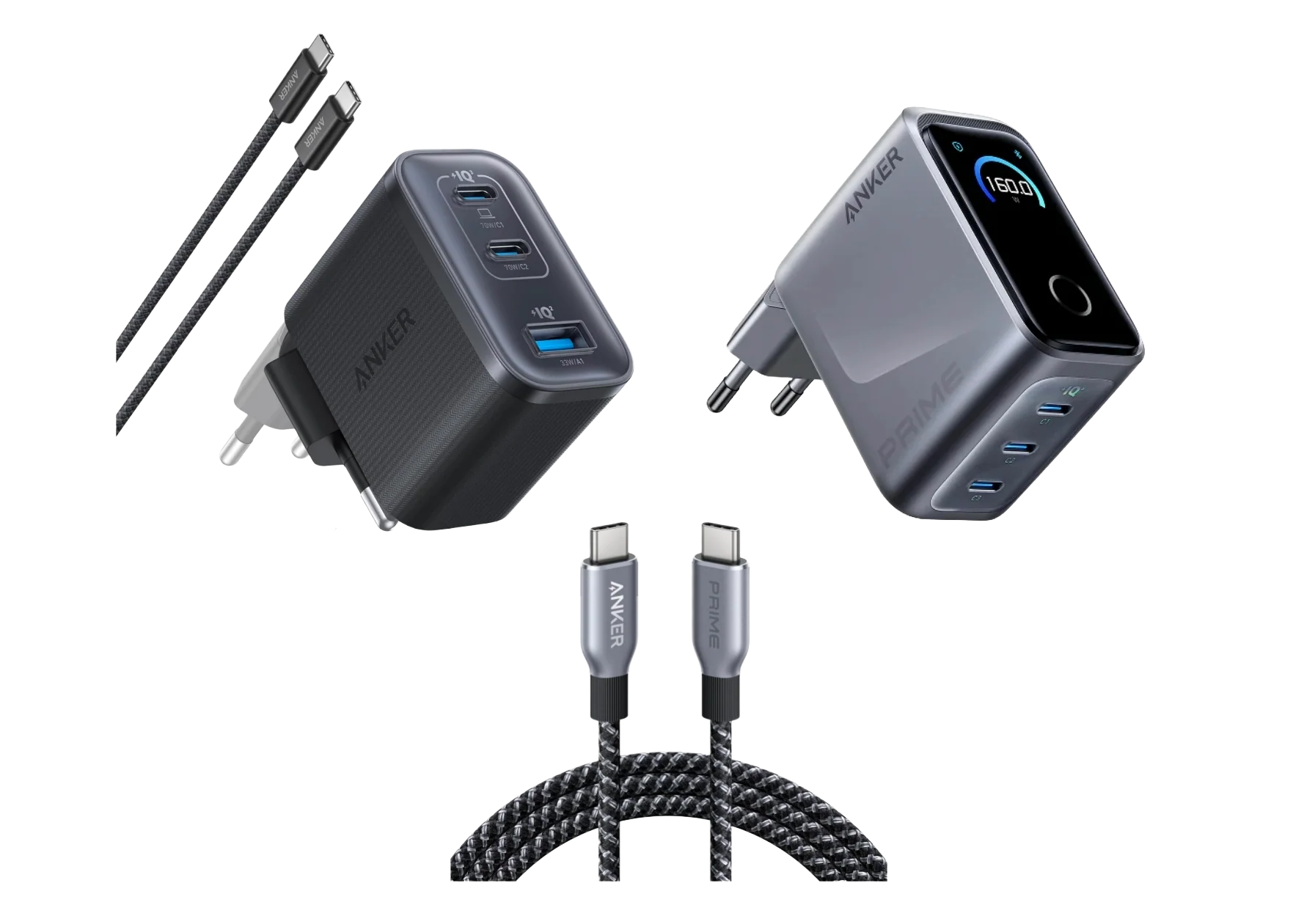 Anker Prime Ladegerät (160W, 3 Ports, GaNPrime）+ Anker Nano Ladegerät (70W, 3 Ports) + Anker Prime USB-C auf USB-C Kabel (1.8m, 240W, Upcycled-Flechtdesign)