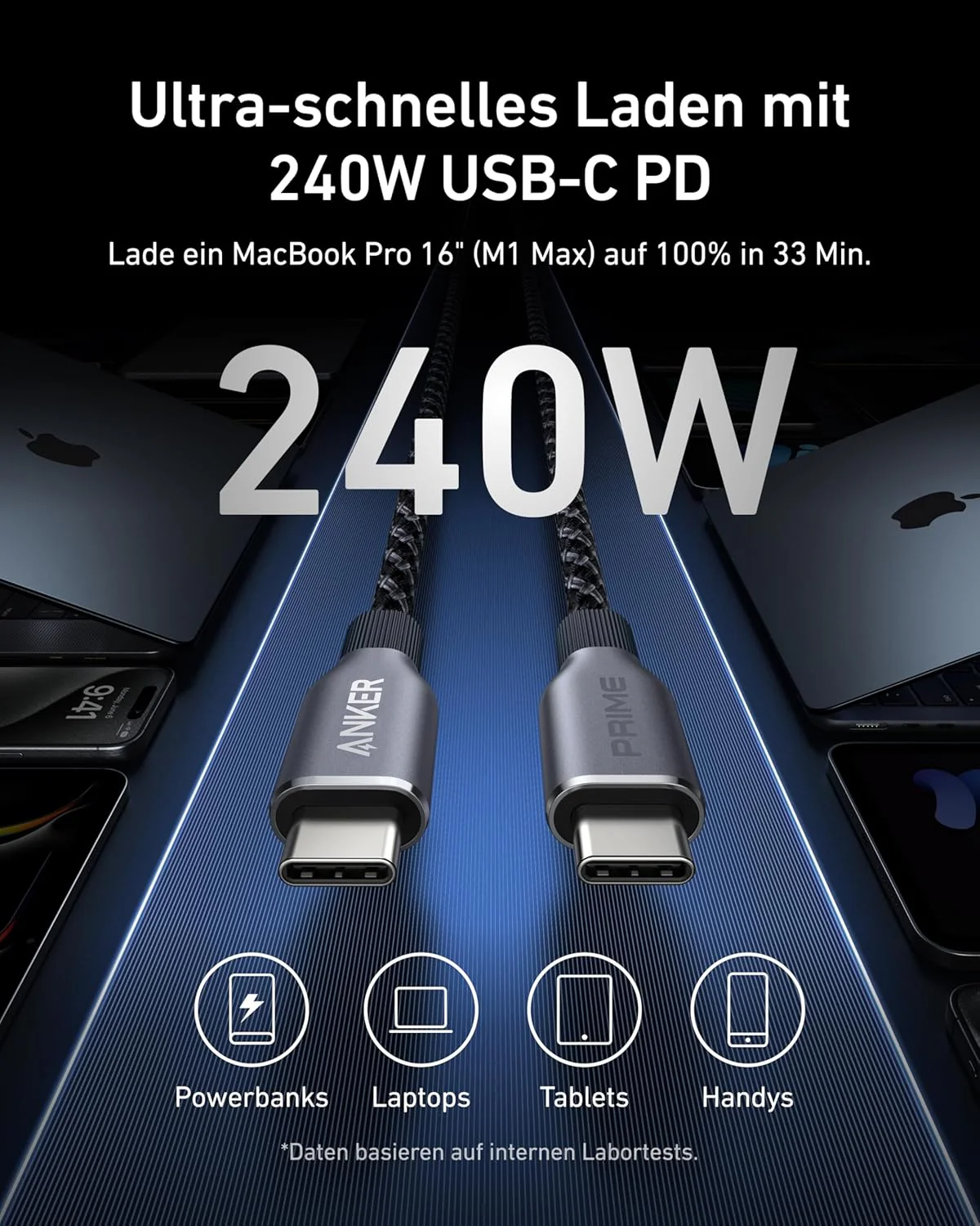 Anker Ladegerät (140W, 4-Port, PD 3.1) mit USB-C Kabel + Anker Prime USB-C auf USB-C Kabel (240W, Upcycled-Flechtdesign, 1,8m) - Image 7